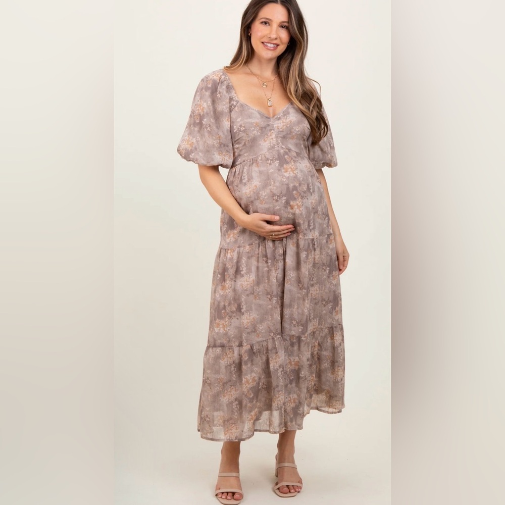 🤎Pinkblush Light Taupe Watercolor Floral Puff Sleeve Tiered Maternity Maxi Dress